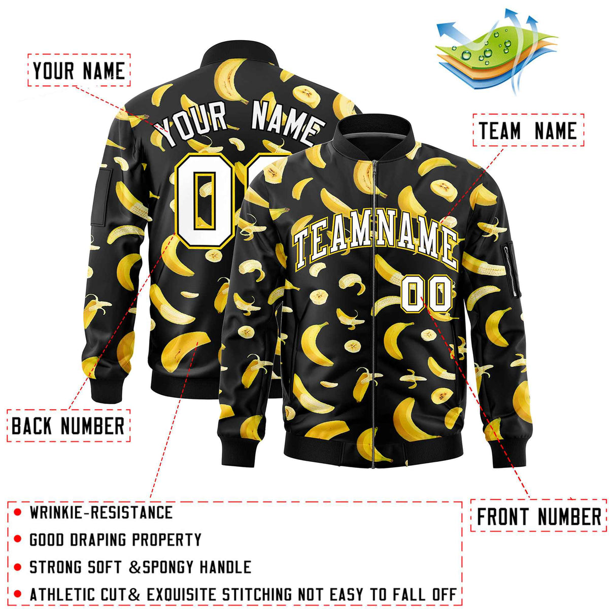 Custom Black Varsity Full-Zip Banana Pattern Letterman Bomber Jacket | Graffiti Pattern | Embroidery&amp;Dye-sublimation printing | KXKSHOP