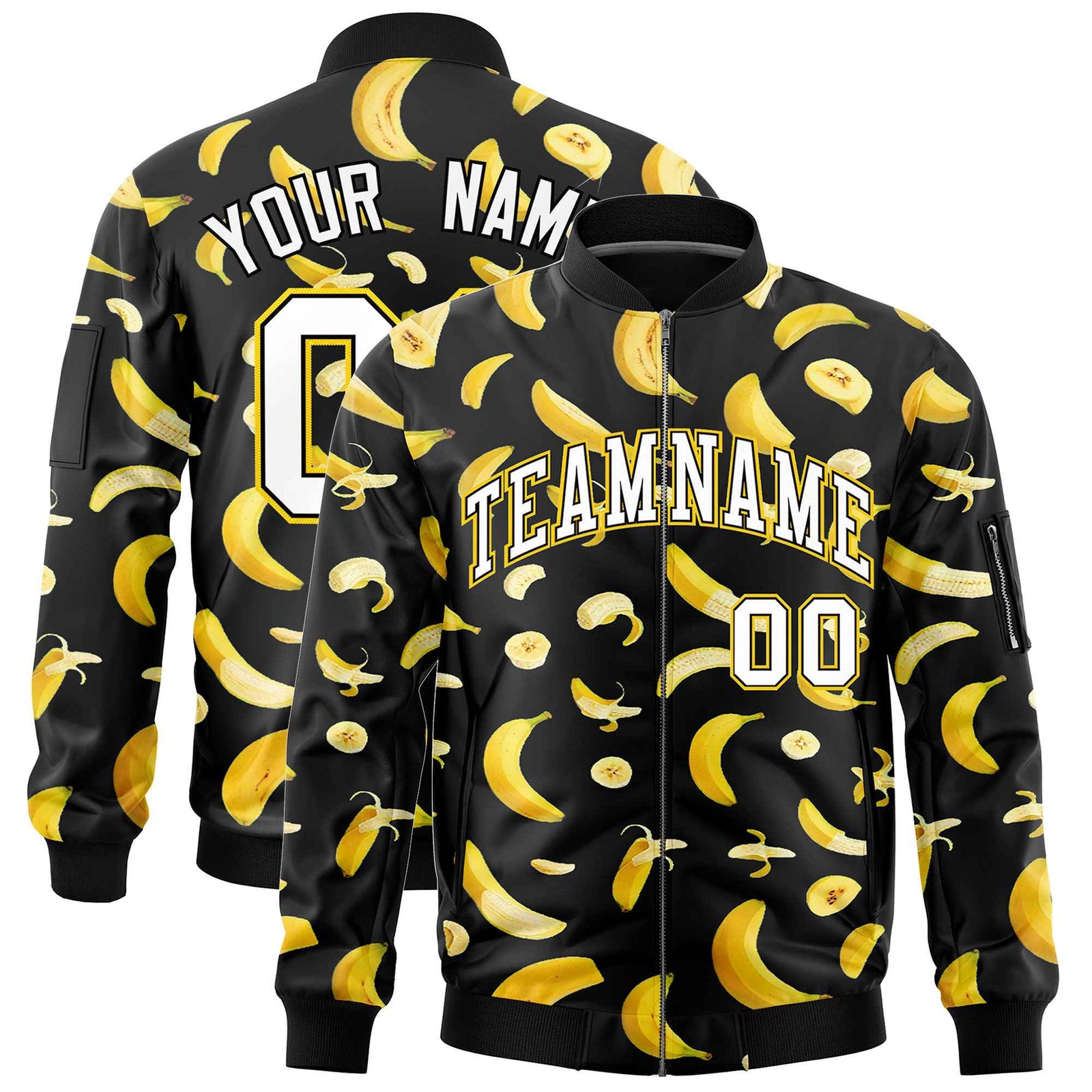 Custom Black Varsity Full-Zip Banana Pattern Letterman Bomber Jacket | Graffiti Pattern | Embroidery&Dye-sublimation printing | KXKSHOP