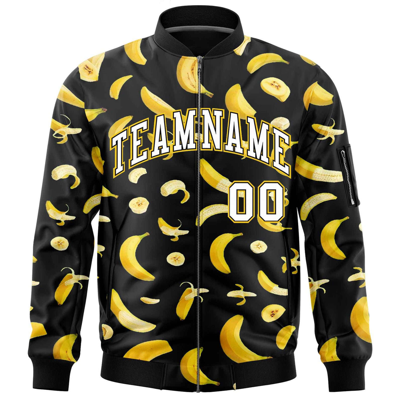 Custom Black Varsity Full-Zip Banana Pattern Letterman Bomber Jacket | Graffiti Pattern | Embroidery&Dye-sublimation printing | KXKSHOP