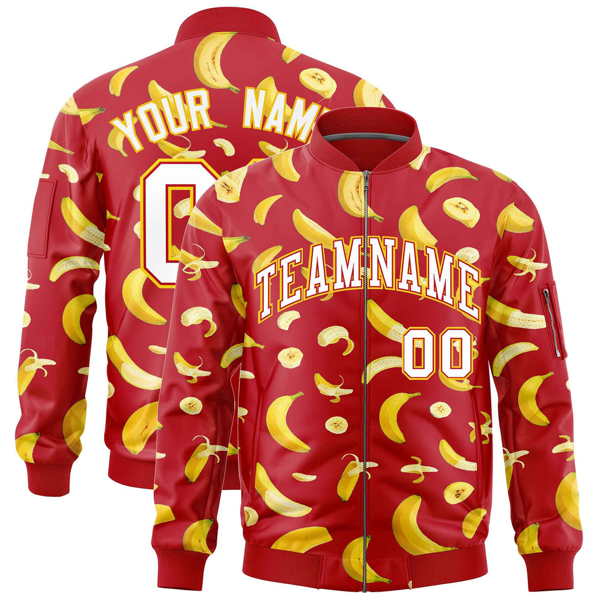 Custom Red Varsity Full-Zip Banana Pattern Letterman Bomber Jacket | Graffiti Pattern | Embroidery&amp;Dye-sublimation printing | KXKSHOP