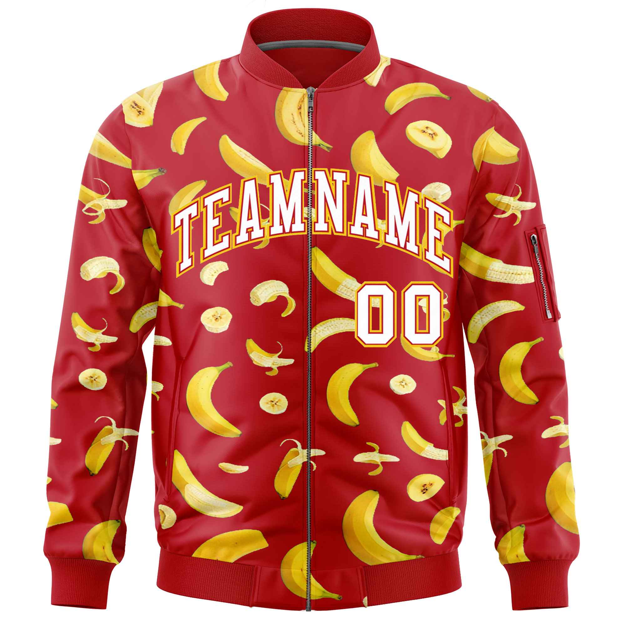 Custom Red Varsity Full-Zip Banana Pattern Letterman Bomber Jacket | Graffiti Pattern | Embroidery&Dye-sublimation printing | KXKSHOP