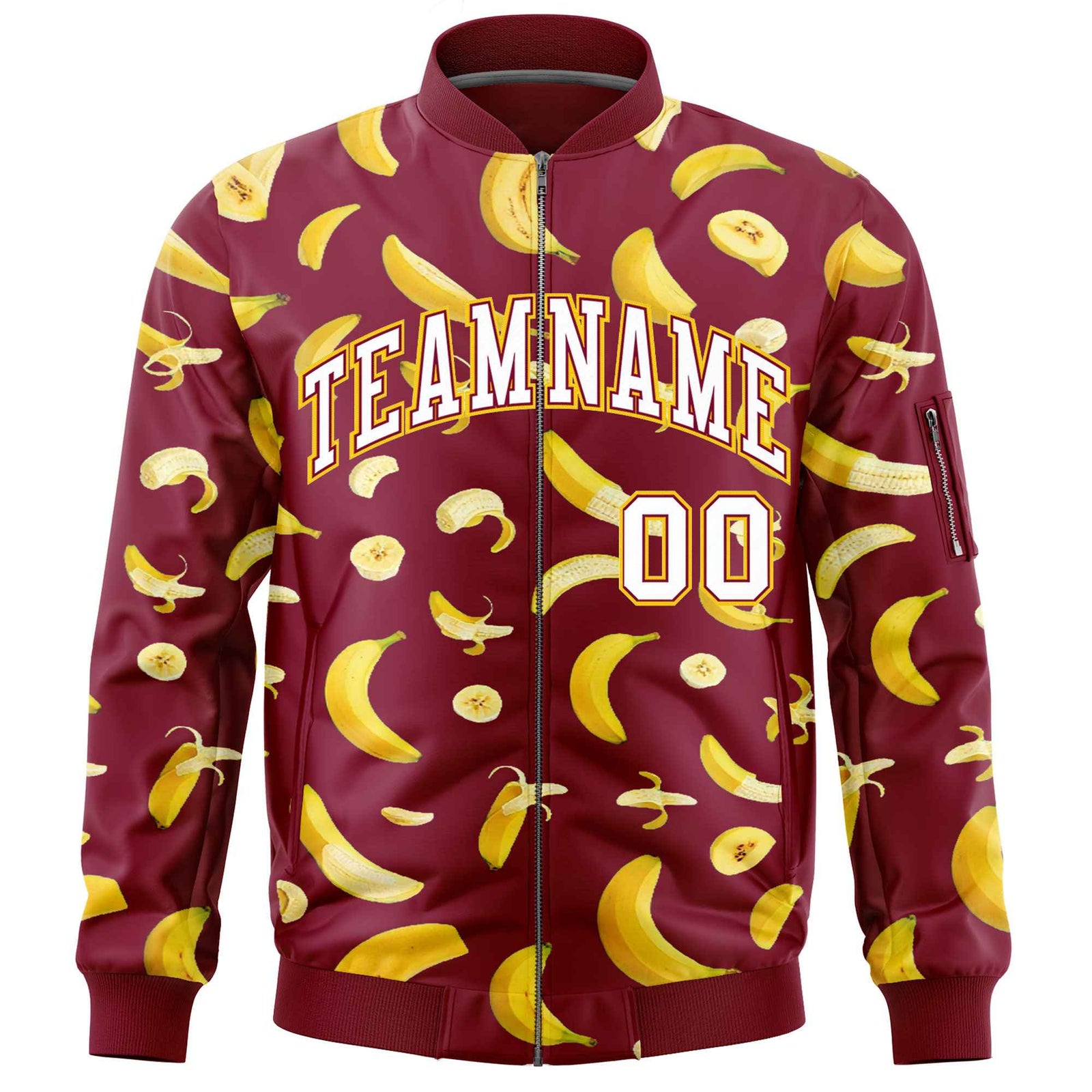 Custom Crimson Varsity Full-Zip Banana Pattern Letterman Bomber Jacket | Graffiti Pattern | Embroidery&Dye-sublimation printing | KXKSHOP