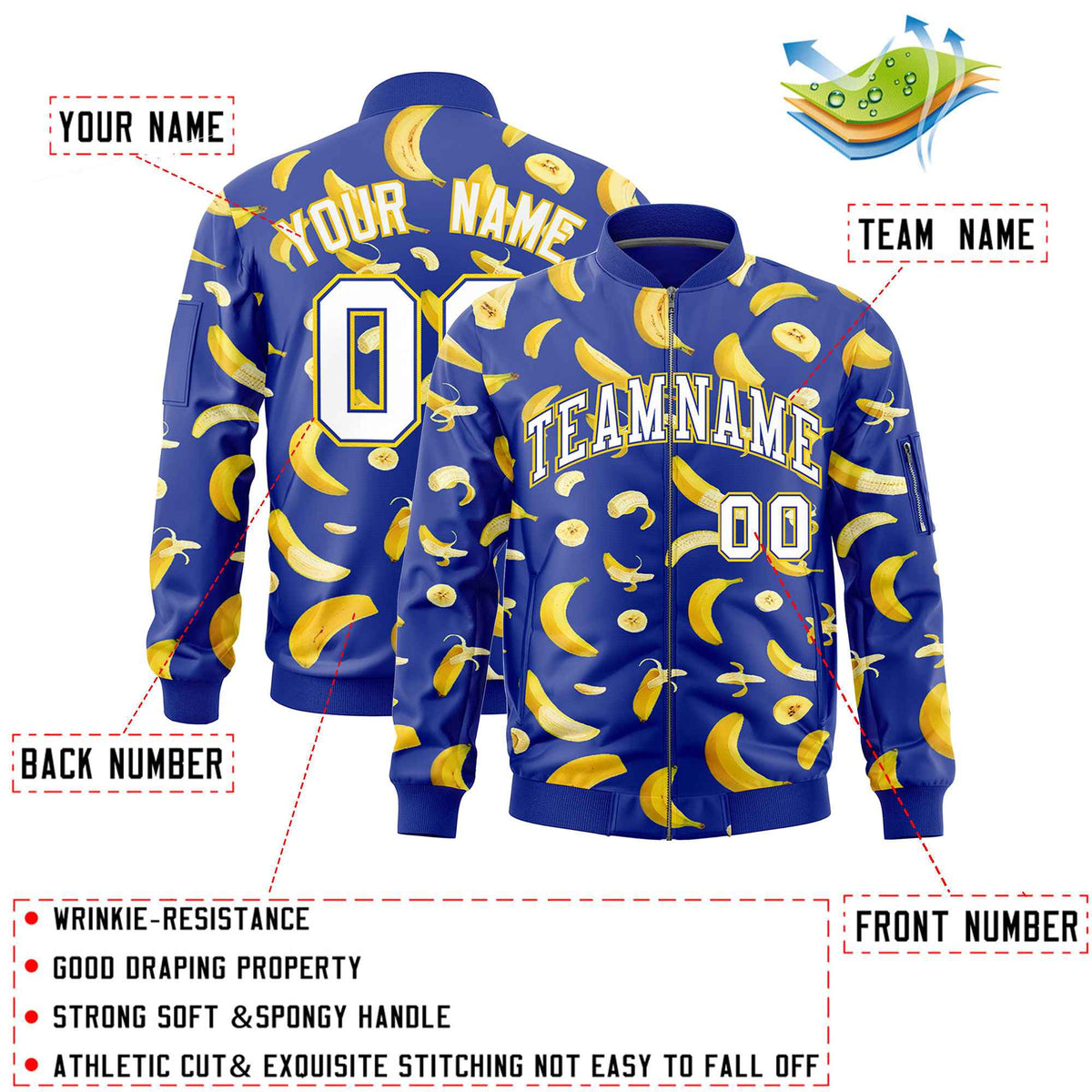 Custom Royal Blue Varsity Full-Zip Banana Pattern Letterman Bomber Jacket | Graffiti Pattern | Embroidery&amp;Dye-sublimation printing | KXKSHOP