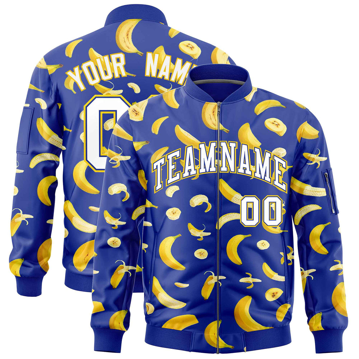 Custom Royal Blue Varsity Full-Zip Banana Pattern Letterman Bomber Jacket | Graffiti Pattern | Embroidery&amp;Dye-sublimation printing | KXKSHOP