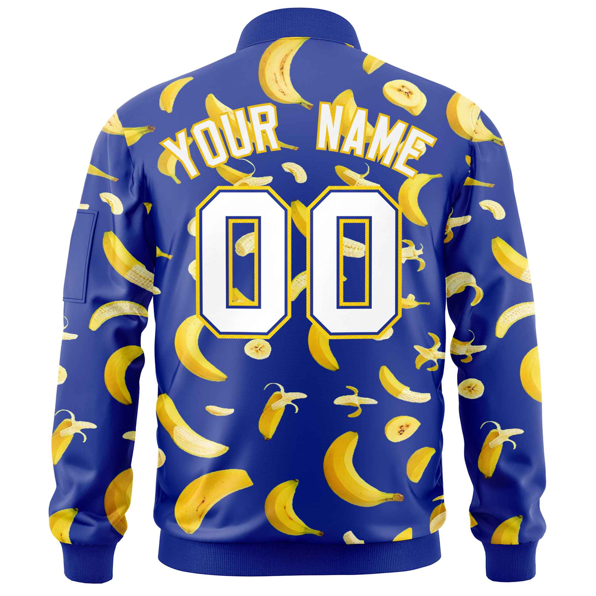 Custom Royal Blue Varsity Full-Zip Banana Pattern Letterman Bomber Jacket | Graffiti Pattern | Embroidery&Dye-sublimation printing | KXKSHOP