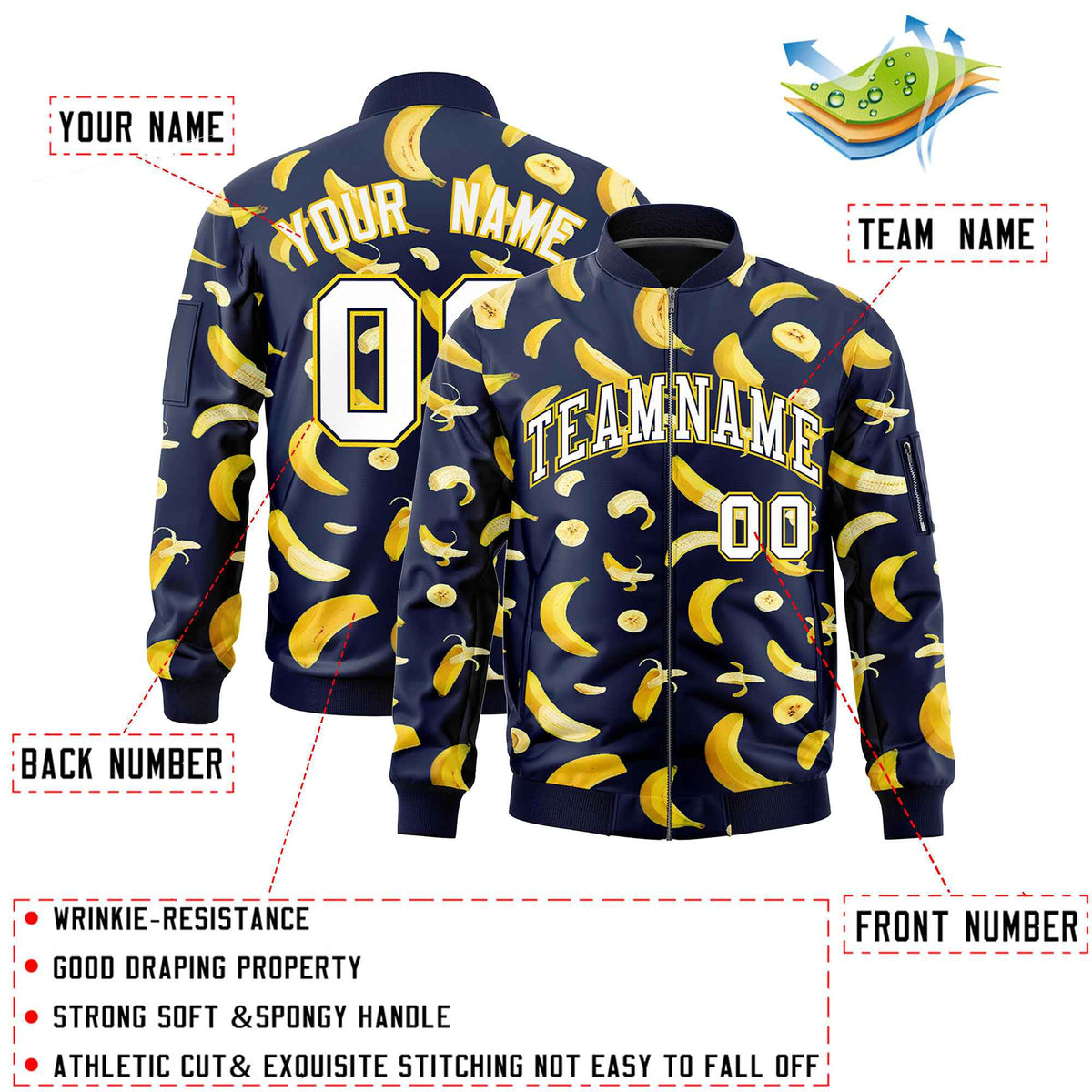 Custom Navy Varsity Full-Zip Banana Pattern Letterman Bomber Jacket | Graffiti Pattern | Embroidery&amp;Dye-sublimation printing | KXKSHOP