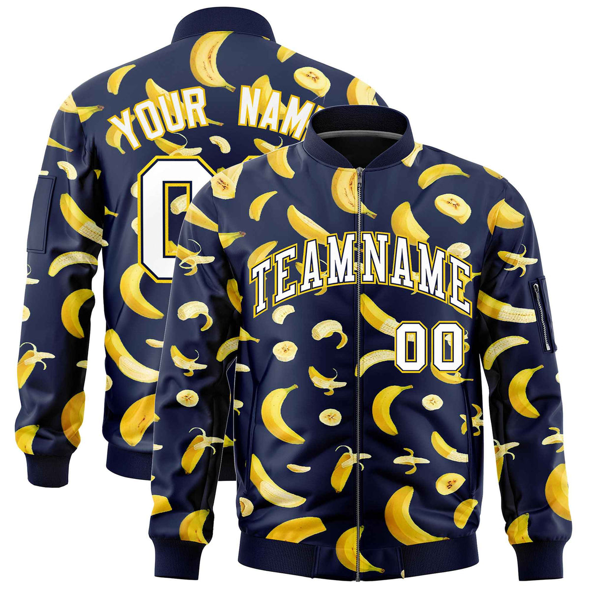 Custom Navy Varsity Full-Zip Banana Pattern Letterman Bomber Jacket | Graffiti Pattern | Embroidery&amp;Dye-sublimation printing | KXKSHOP