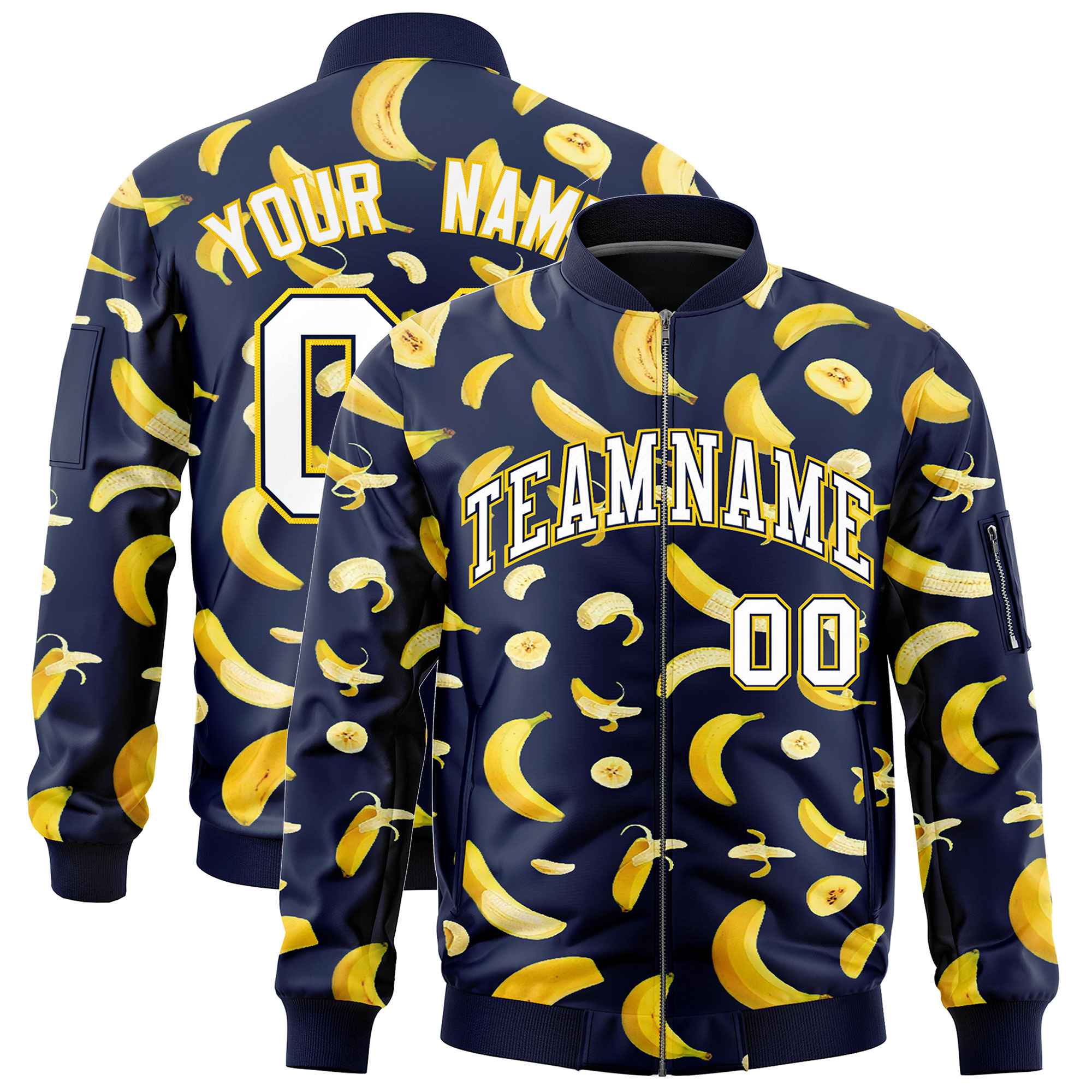Custom Navy Varsity Full-Zip Banana Pattern Letterman Bomber Jacket | Graffiti Pattern | Embroidery&Dye-sublimation printing | KXKSHOP