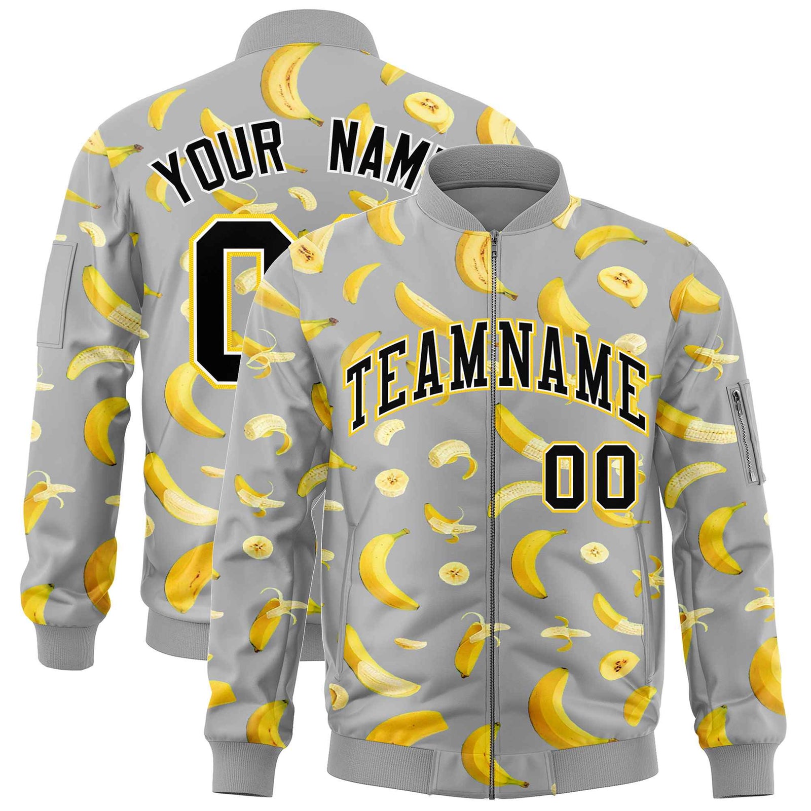 Custom Gray Varsity Full-Zip Banana Pattern Letterman Bomber Jacket | Graffiti Pattern | Embroidery&Dye-sublimation printing | KXKSHOP