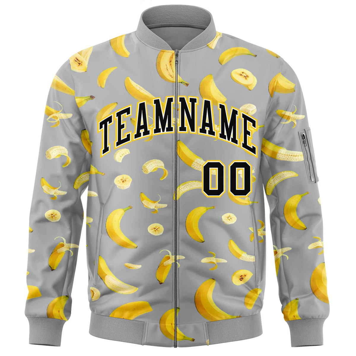 Custom Gray Varsity Full-Zip Banana Pattern Letterman Bomber Jacket | Graffiti Pattern | Embroidery&amp;Dye-sublimation printing | KXKSHOP