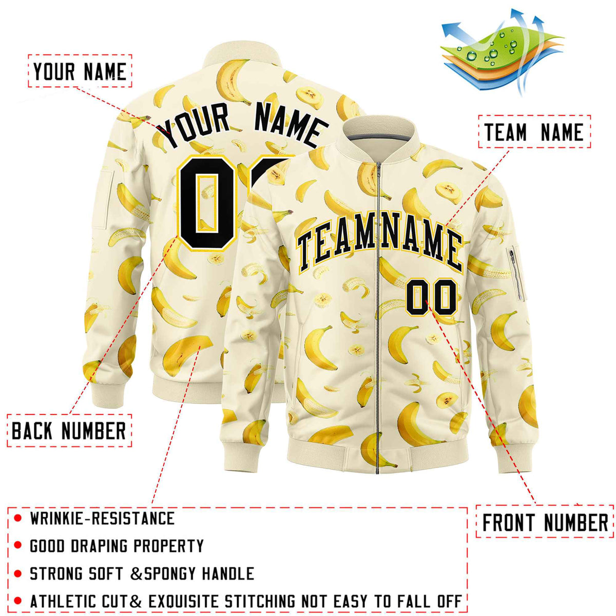 Custom Cream Varsity Full-Zip Banana Pattern Letterman Bomber Jacket | Graffiti Pattern | Embroidery&amp;Dye-sublimation printing | KXKSHOP