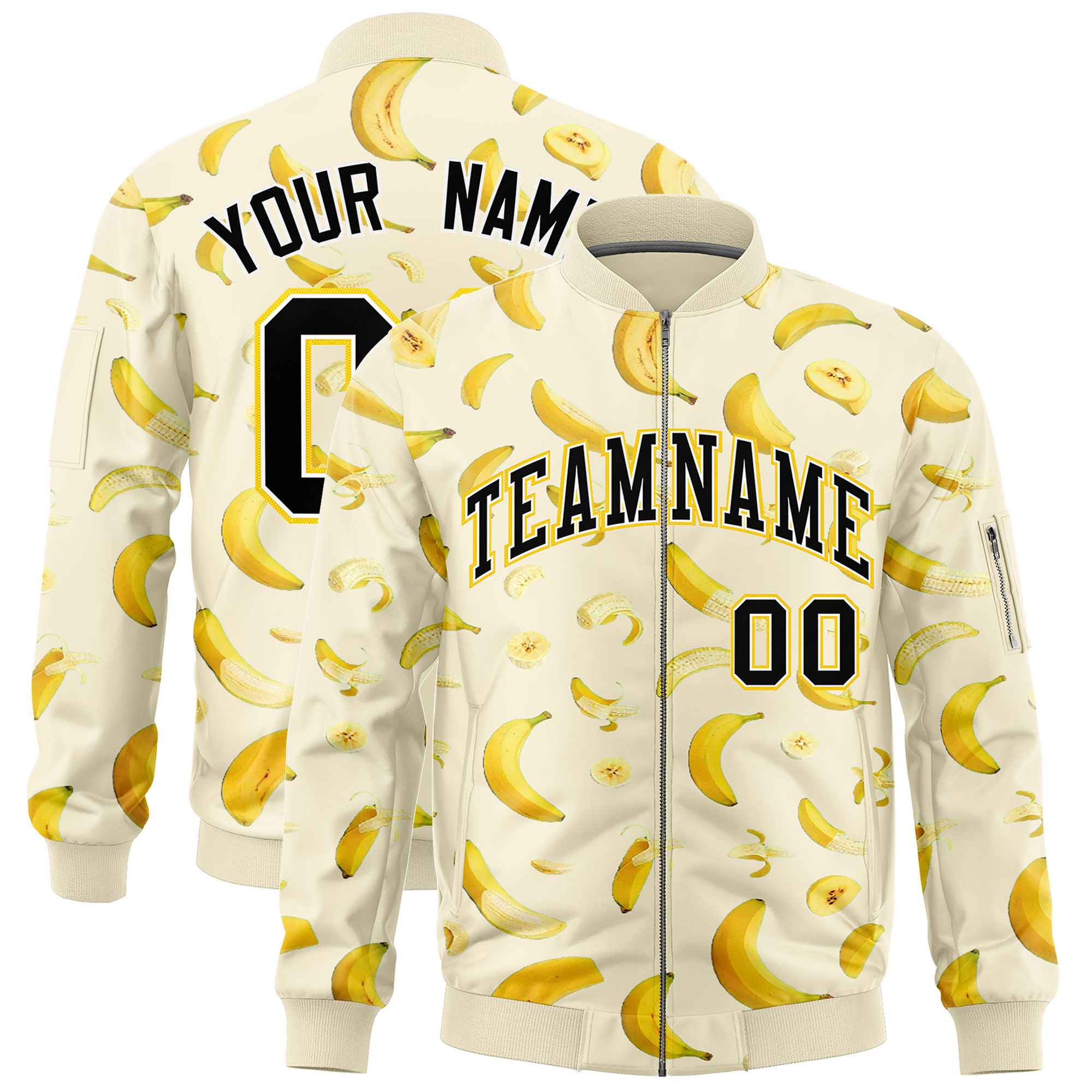 Custom Cream Varsity Full-Zip Banana Pattern Letterman Bomber Jacket | Graffiti Pattern | Embroidery&Dye-sublimation printing | KXKSHOP