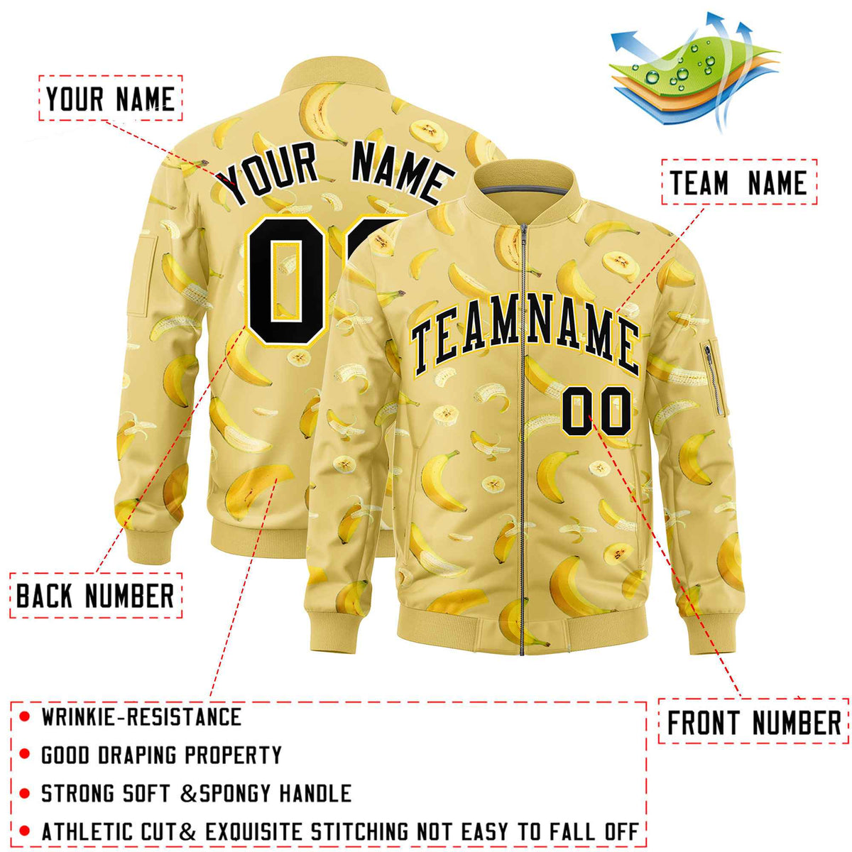 Custom Old Gold Varsity Full-Zip Banana Pattern Letterman Bomber Jacket | Graffiti Pattern | Embroidery&amp;Dye-sublimation printing | KXKSHOP