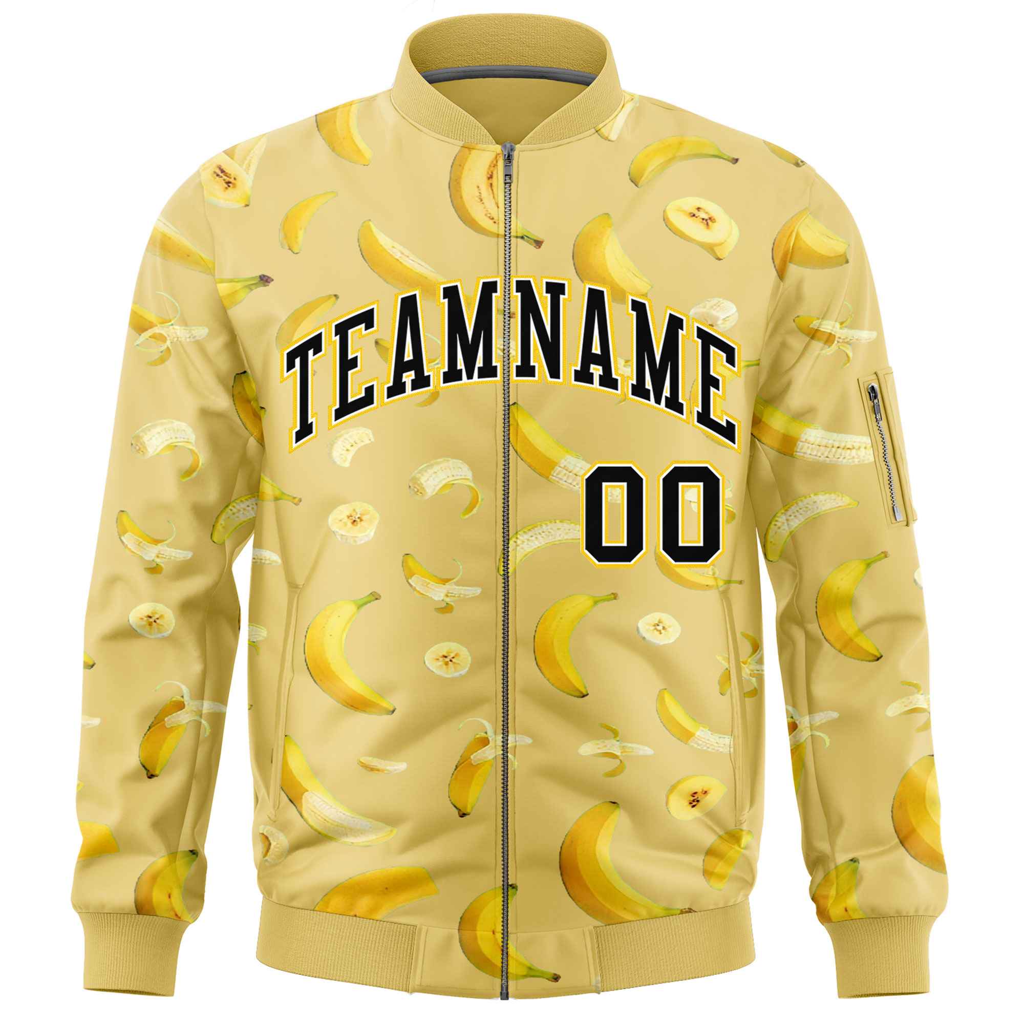 Custom Old Gold Varsity Full-Zip Banana Pattern Letterman Bomber Jacket | Graffiti Pattern | Embroidery&Dye-sublimation printing | KXKSHOP