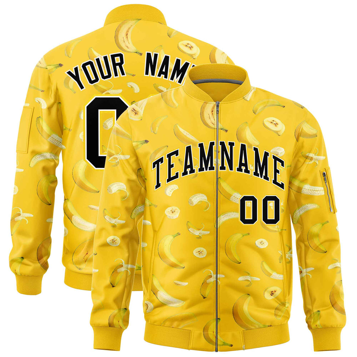 Custom Gold Varsity Full-Zip Banana Pattern Letterman Bomber Jacket | Graffiti Pattern | Embroidery&amp;Dye-sublimation printing | KXKSHOP
