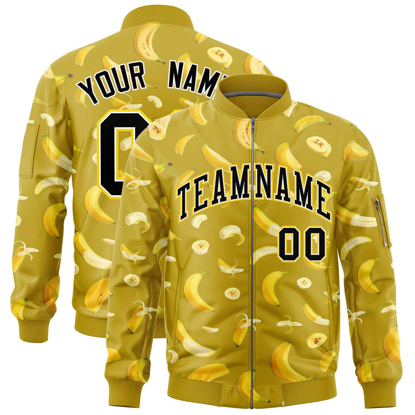 Custom Old Gold Varsity Full-Zip Banana Pattern Letterman Bomber Jacket | Graffiti Pattern | Embroidery&Dye-sublimation printing | KXKSHOP