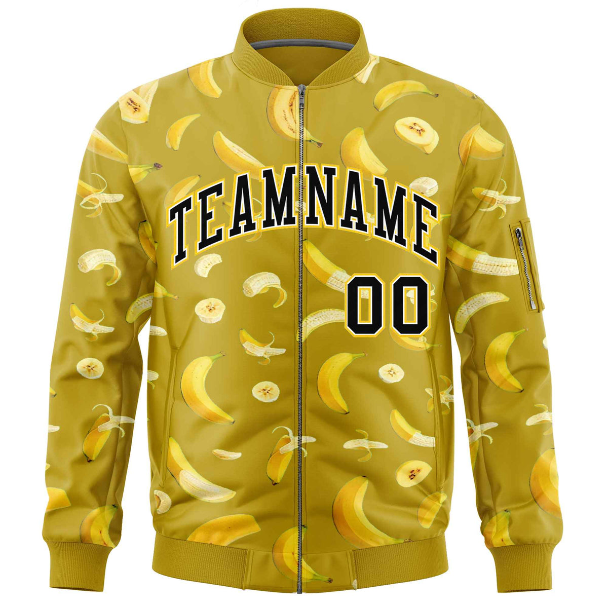 Custom Old Gold Varsity Full-Zip Banana Pattern Letterman Bomber Jacket | Graffiti Pattern | Embroidery&amp;Dye-sublimation printing | KXKSHOP