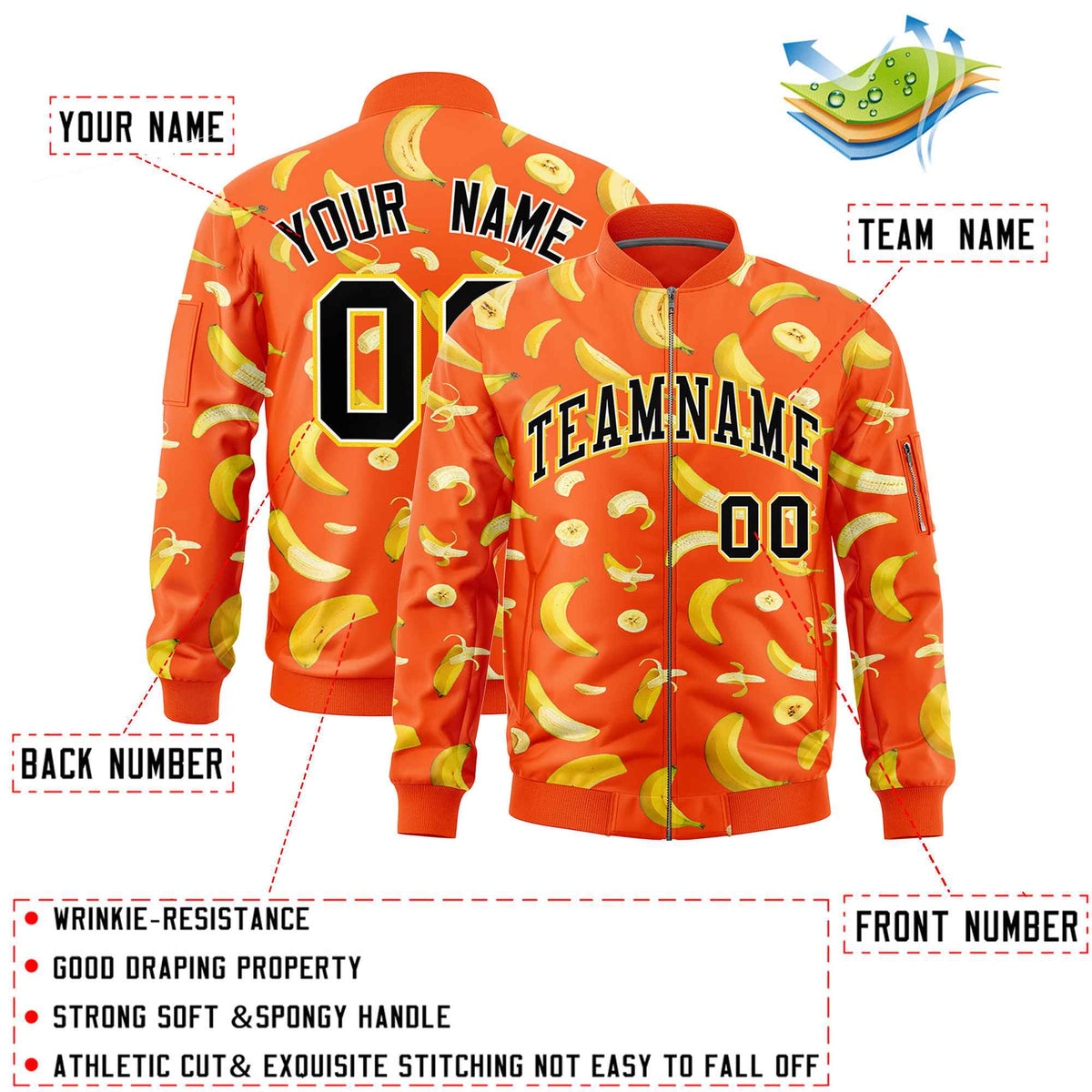 Custom Orange Varsity Full-Zip Banana Pattern Letterman Bomber Jacket | Graffiti Pattern | Embroidery&amp;Dye-sublimation printing | KXKSHOP