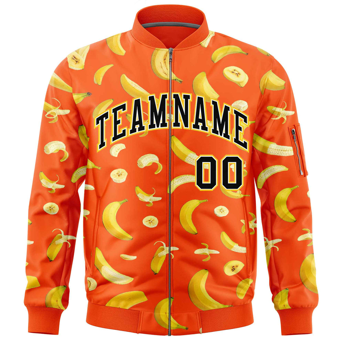 Custom Orange Varsity Full-Zip Banana Pattern Letterman Bomber Jacket | Graffiti Pattern | Embroidery&amp;Dye-sublimation printing | KXKSHOP