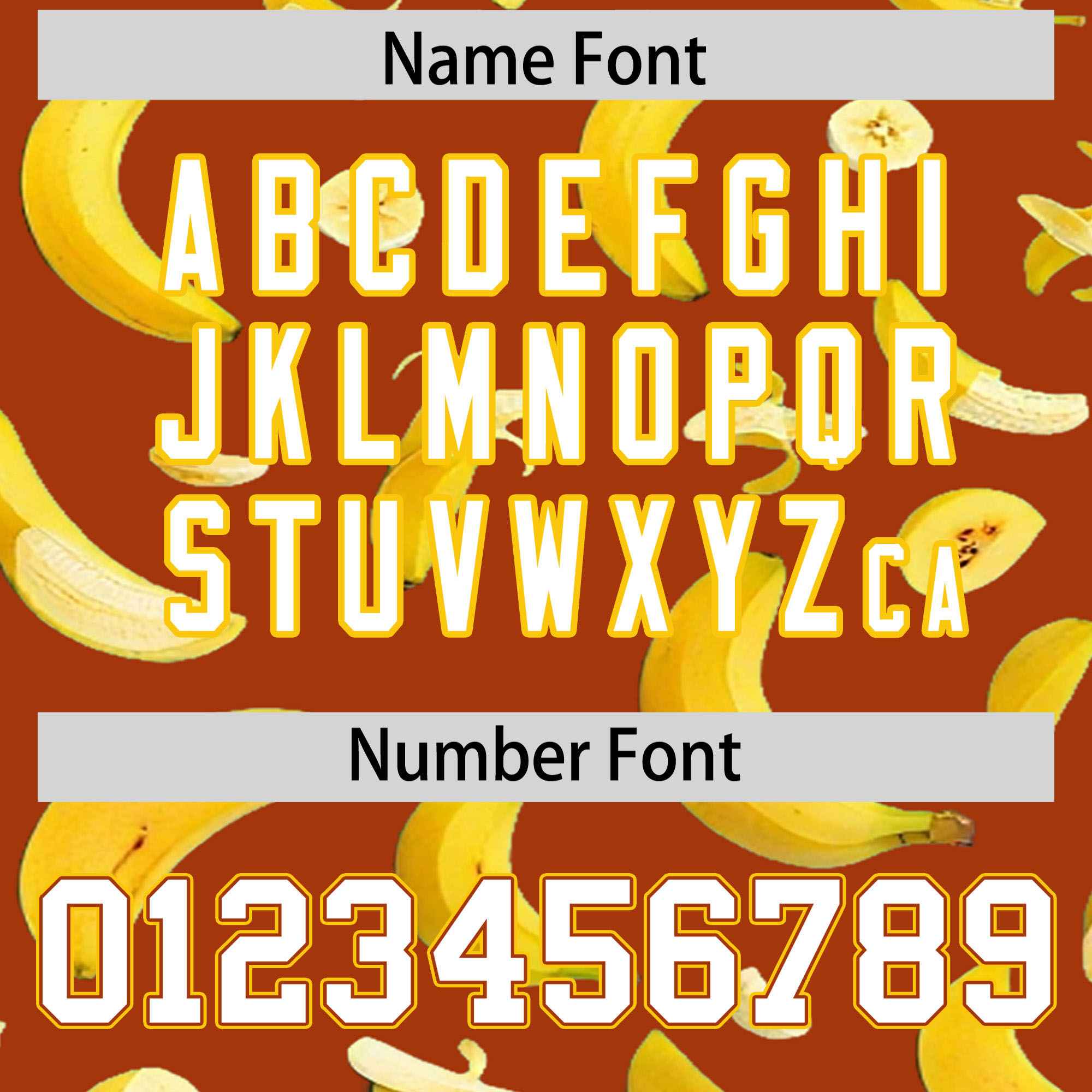 Custom Dark Orange Varsity Full-Zip Banana Pattern Letterman Bomber Jacket | Graffiti Pattern | Embroidery&Dye-sublimation printing | KXKSHOP