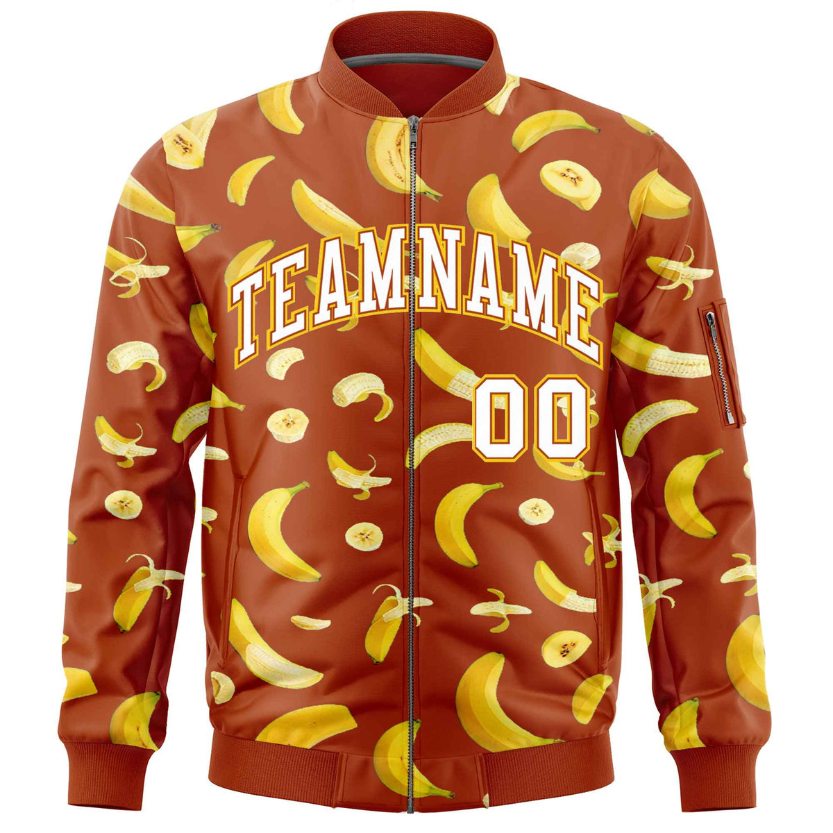 Custom Dark Orange Varsity Full-Zip Banana Pattern Letterman Bomber Jacket | Graffiti Pattern | Embroidery&amp;Dye-sublimation printing | KXKSHOP