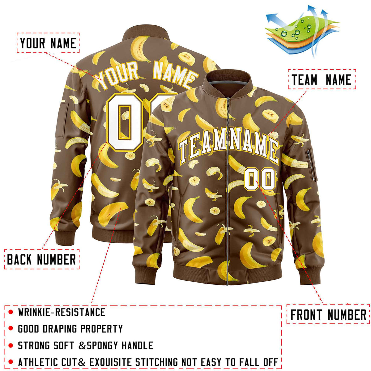 Custom Light Brown Varsity Full-Zip Banana Pattern Letterman Bomber Jacket | Graffiti Pattern | Embroidery&amp;Dye-sublimation printing | KXKSHOP