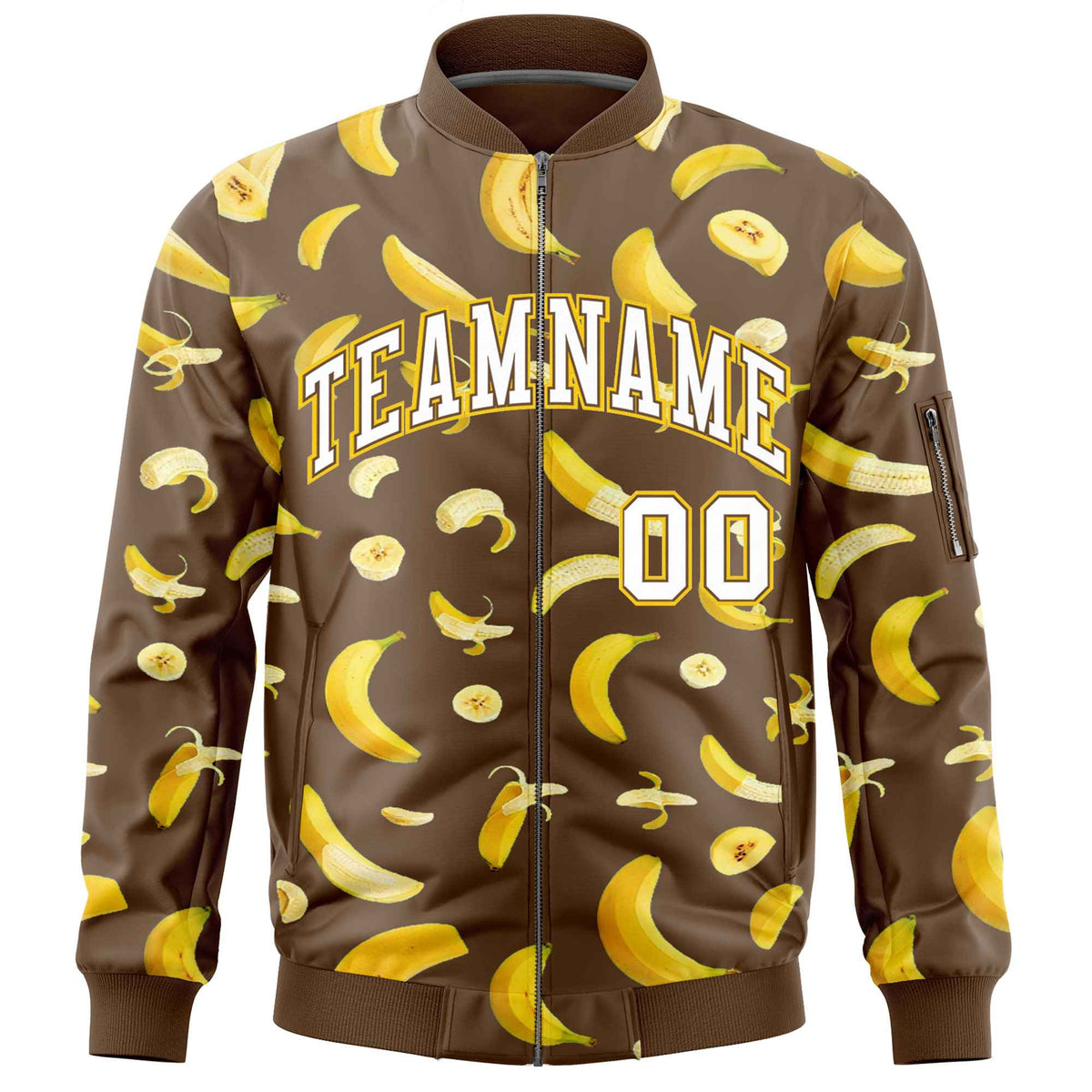 Custom Light Brown Varsity Full-Zip Banana Pattern Letterman Bomber Jacket | Graffiti Pattern | Embroidery&amp;Dye-sublimation printing | KXKSHOP