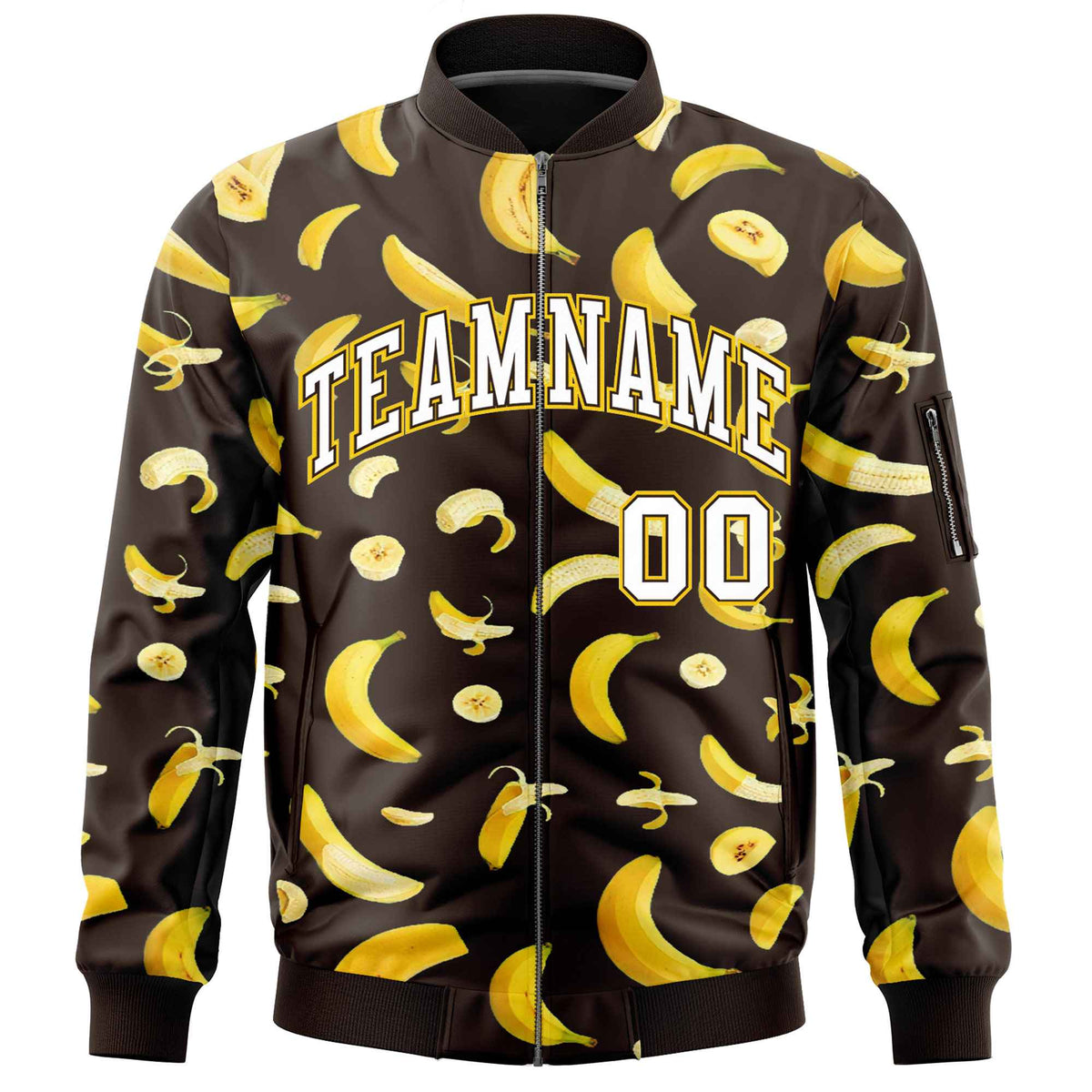 Custom Brown Varsity Full-Zip Banana Pattern Letterman Bomber Jacket | Graffiti Pattern | Embroidery&Dye-sublimation printing | KXKSHOP