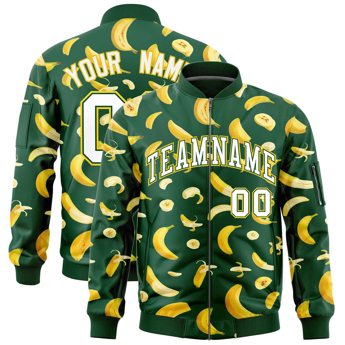 Custom Green Varsity Full-Zip Banana Pattern Letterman Bomber Jacket | Graffiti Pattern | Embroidery&amp;Dye-sublimation printing | KXKSHOP