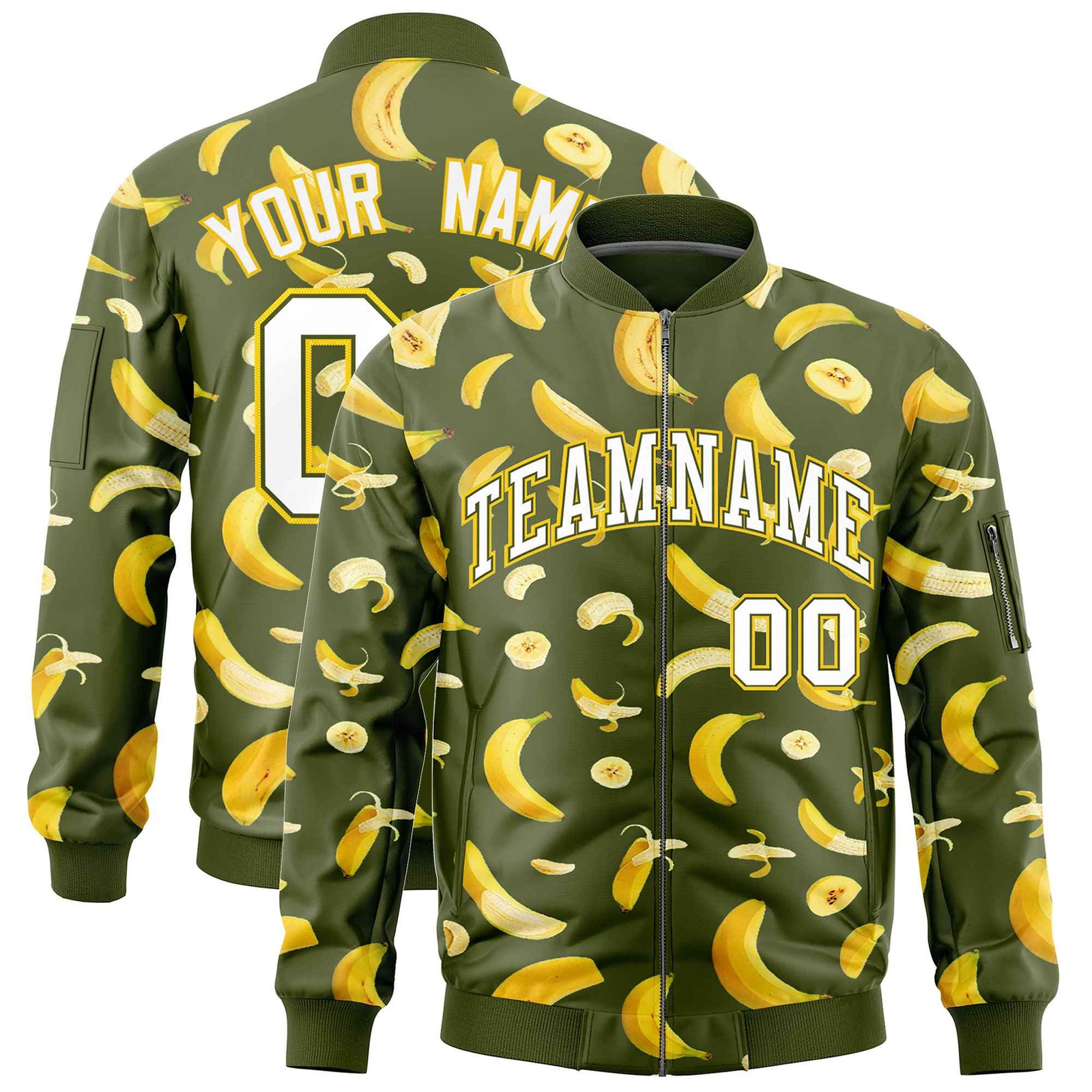 Custom Olive Varsity Full-Zip Banana Pattern Letterman Bomber Jacket | Graffiti Pattern | Embroidery&Dye-sublimation printing | KXKSHOP