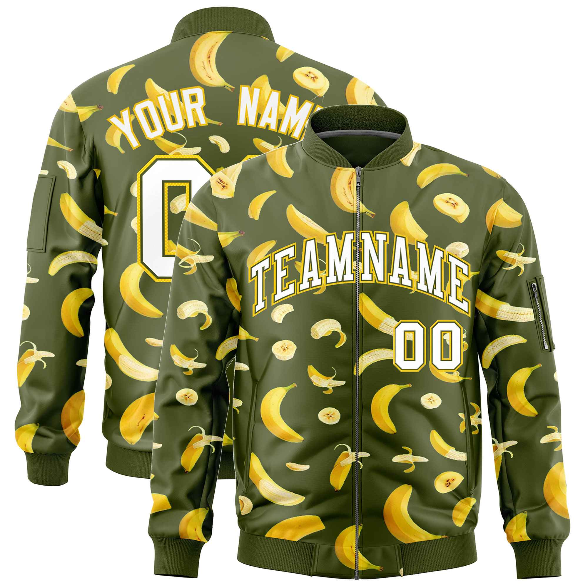 Custom Olive Varsity Full-Zip Banana Pattern Letterman Bomber Jacket | Graffiti Pattern | Embroidery&Dye-sublimation printing | KXKSHOP