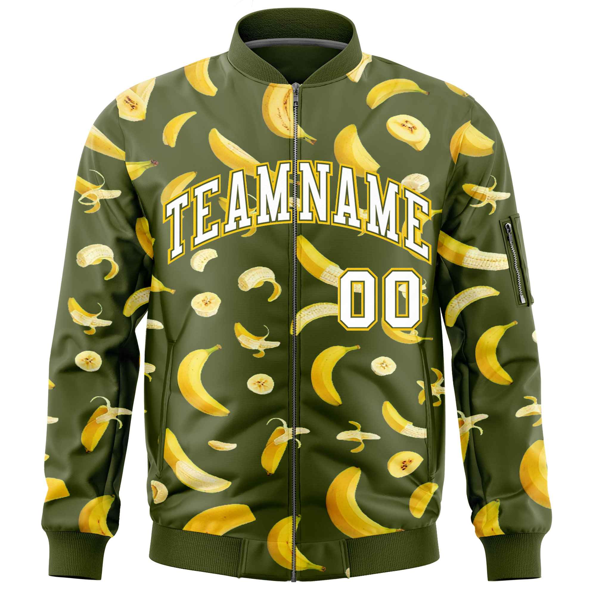 Custom Olive Varsity Full-Zip Banana Pattern Letterman Bomber Jacket | Graffiti Pattern | Embroidery&Dye-sublimation printing | KXKSHOP