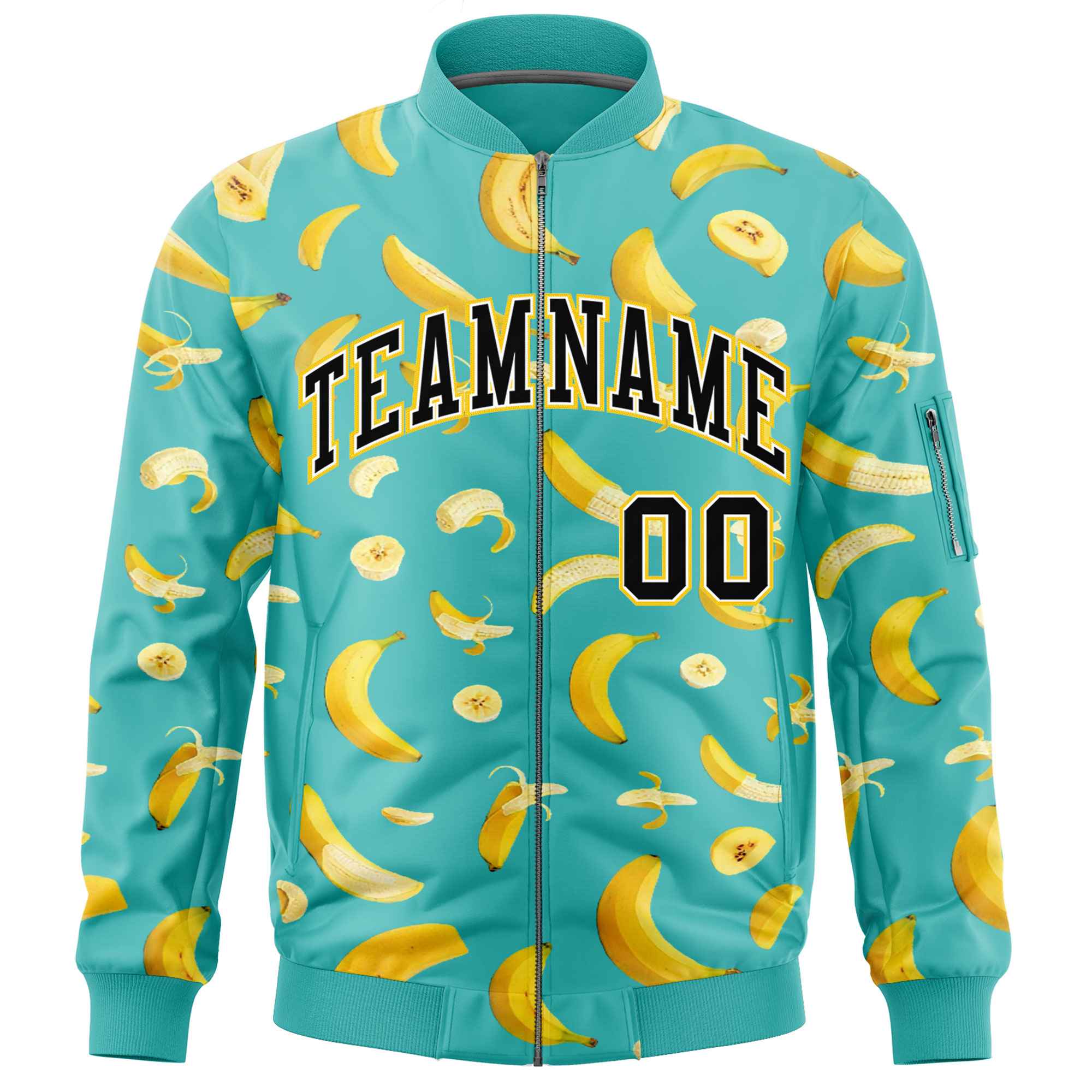 Custom Teal Varsity Full-Zip Banana Pattern Letterman Bomber Jacket | Graffiti Pattern | Embroidery&Dye-sublimation printing | KXKSHOP