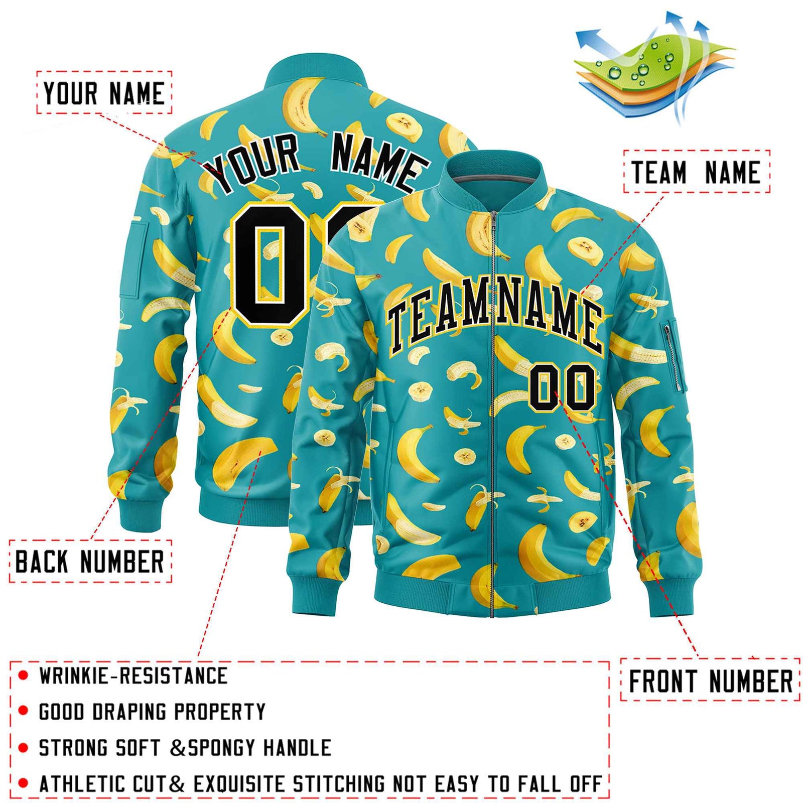 Custom Aqua Varsity Full-Zip Banana Pattern Letterman Bomber Jacket | Graffiti Pattern | Embroidery&Dye-sublimation printing | KXKSHOP