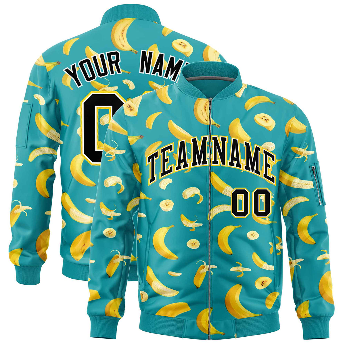 Custom Aqua Varsity Full-Zip Banana Pattern Letterman Bomber Jacket | Graffiti Pattern | Embroidery&amp;Dye-sublimation printing | KXKSHOP
