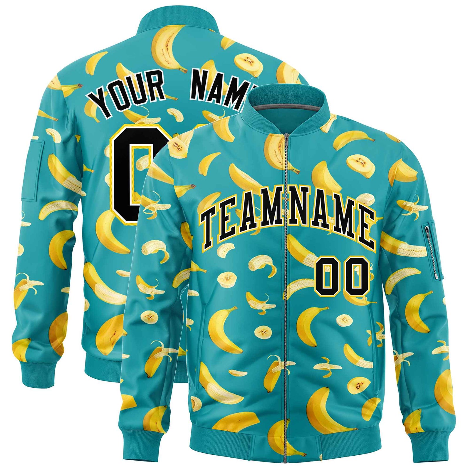 Custom Aqua Varsity Full-Zip Banana Pattern Letterman Bomber Jacket | Graffiti Pattern | Embroidery&Dye-sublimation printing | KXKSHOP