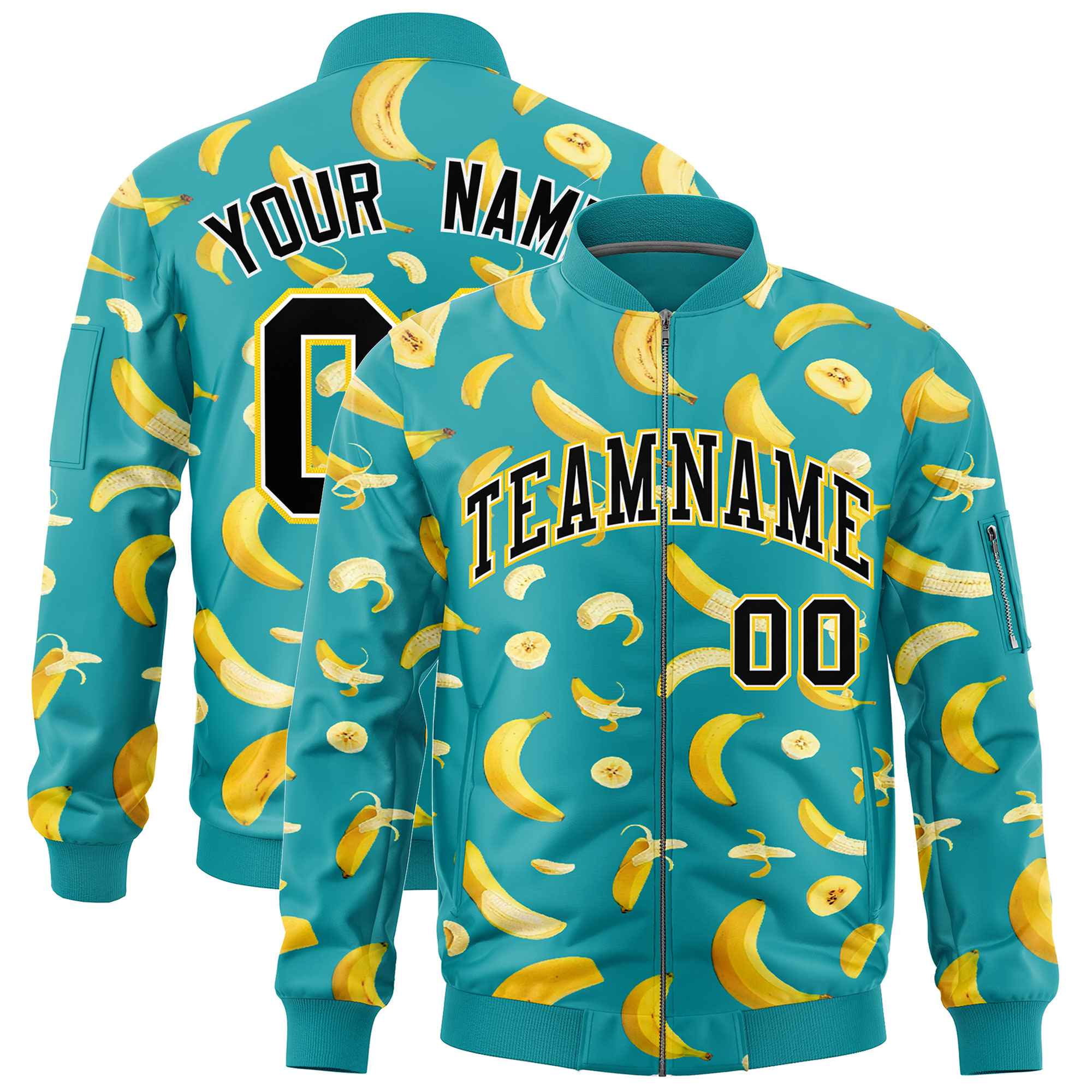 Custom Aqua Varsity Full-Zip Banana Pattern Letterman Bomber Jacket | Graffiti Pattern | Embroidery&Dye-sublimation printing | KXKSHOP