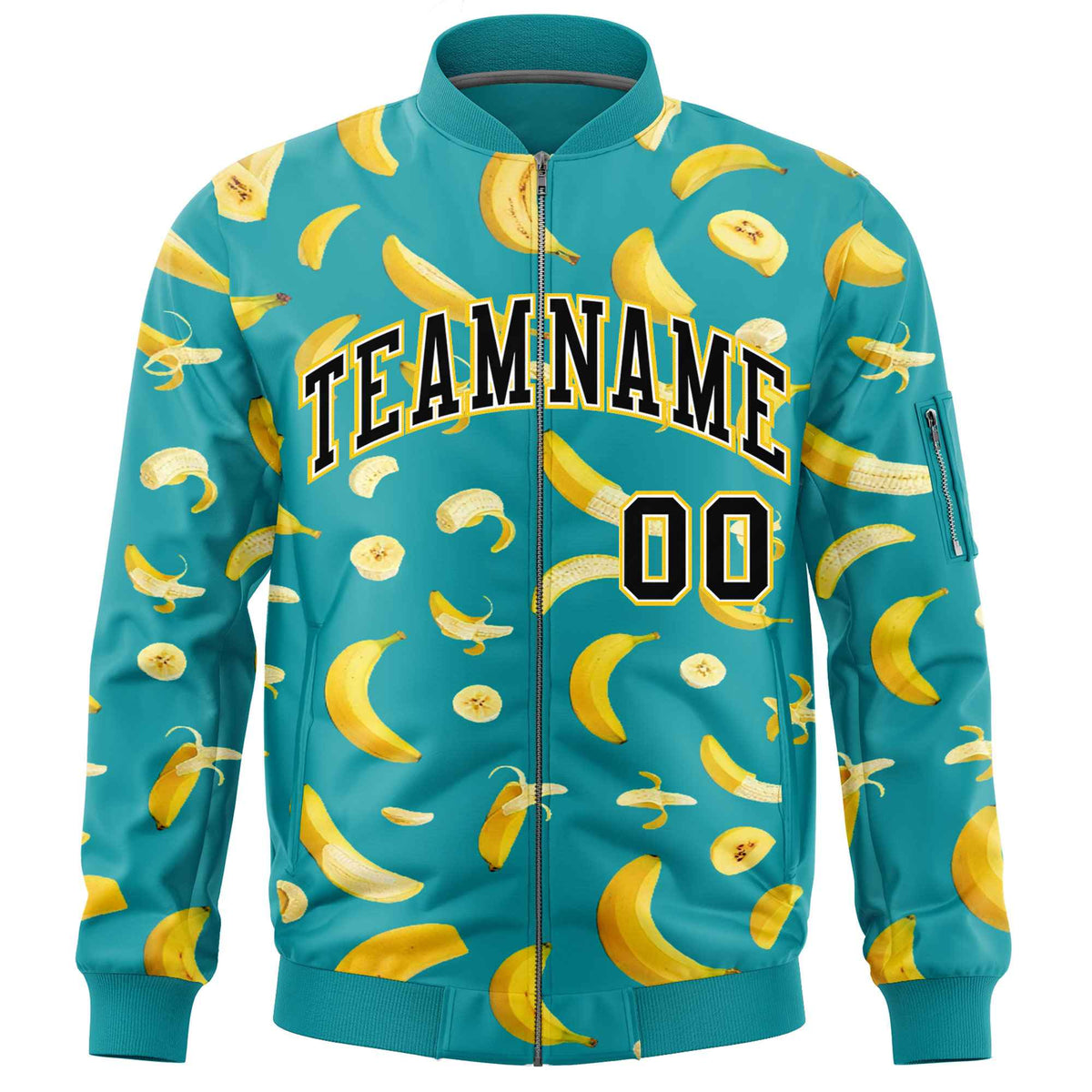 Custom Aqua Varsity Full-Zip Banana Pattern Letterman Bomber Jacket | Graffiti Pattern | Embroidery&amp;Dye-sublimation printing | KXKSHOP
