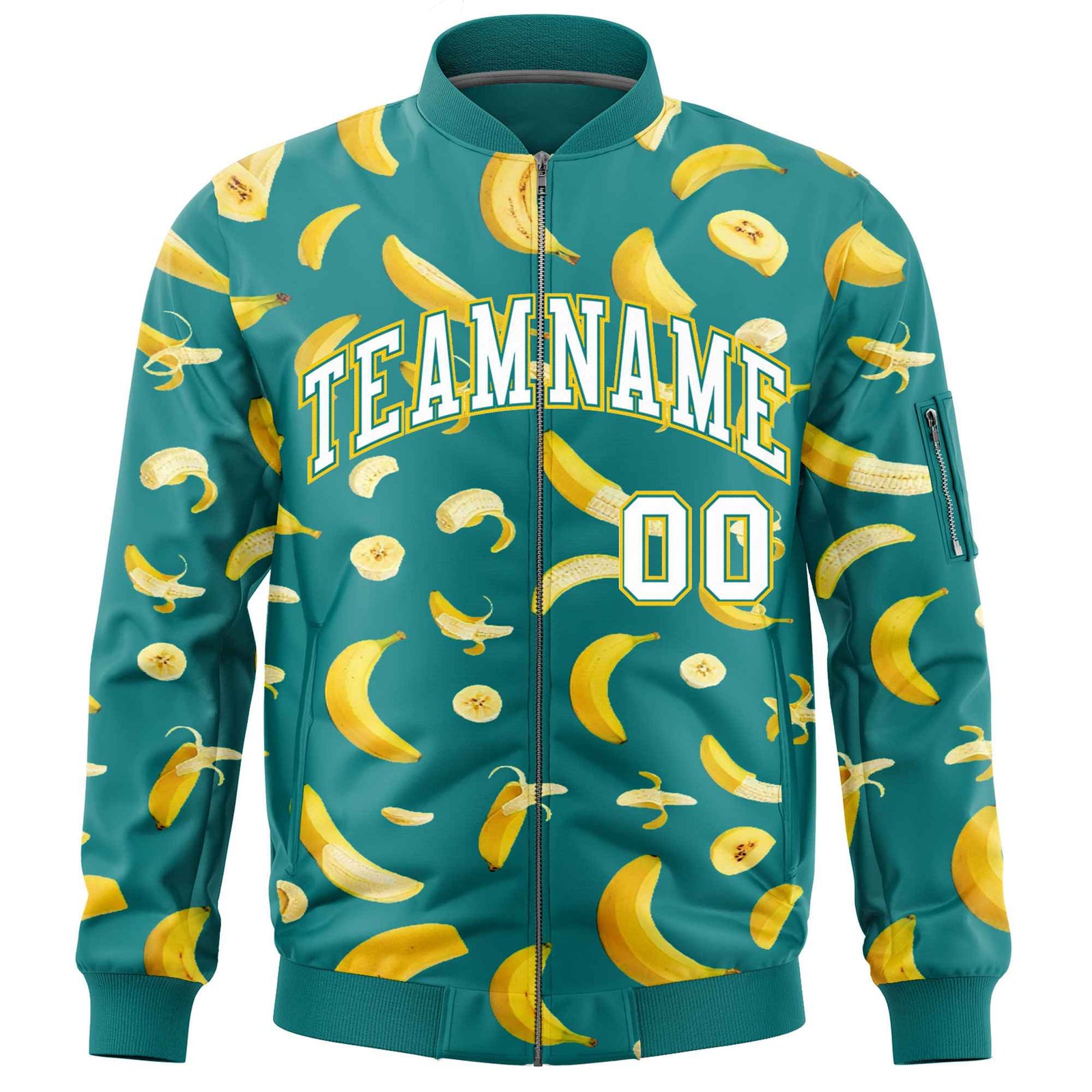 Custom Teal Varsity Full-Zip Banana Pattern Letterman Bomber Jacket | Graffiti Pattern | Embroidery&Dye-sublimation printing | KXKSHOP