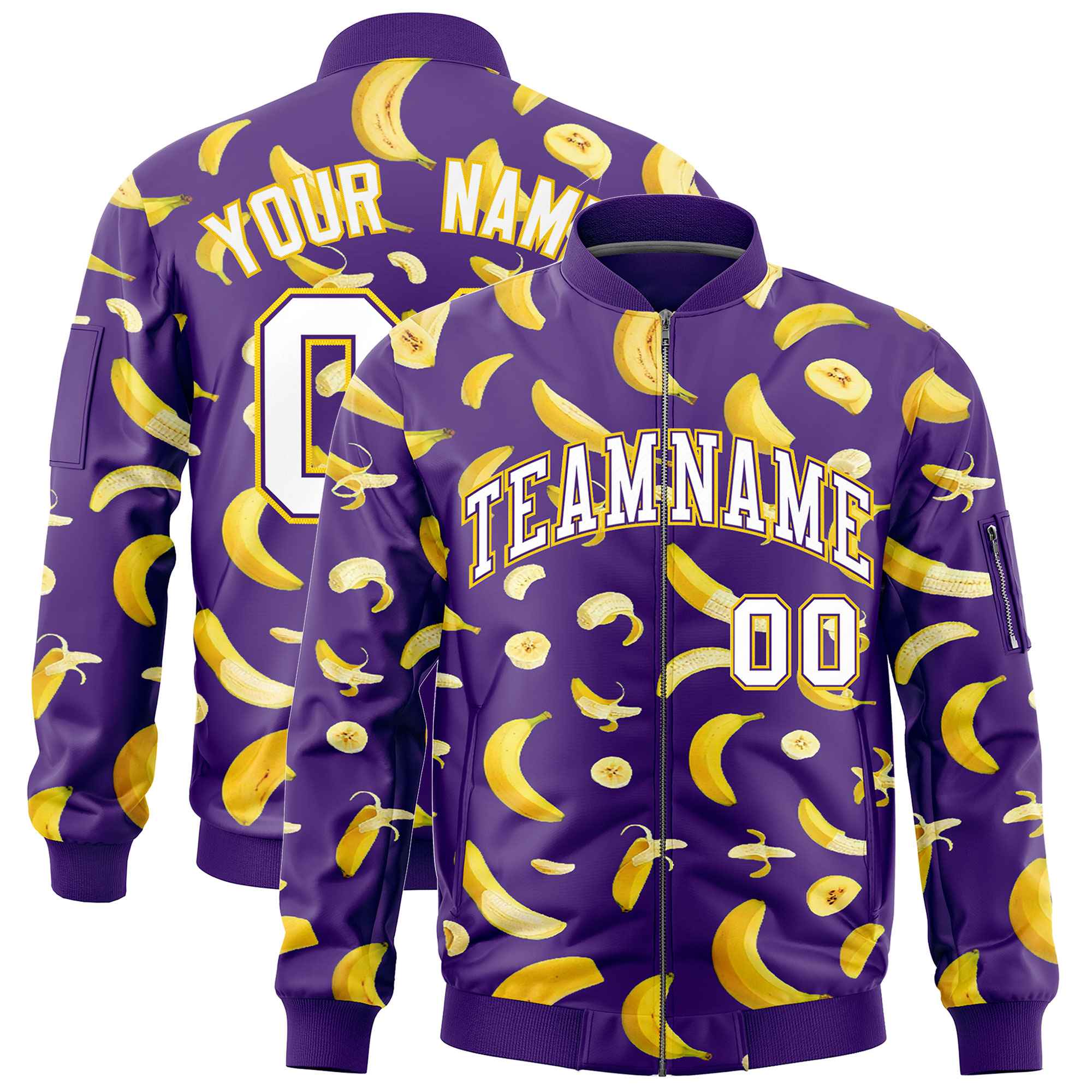 Custom Purple Varsity Full-Zip Banana Pattern Letterman Bomber Jacket | Graffiti Pattern | Embroidery&Dye-sublimation printing | KXKSHOP
