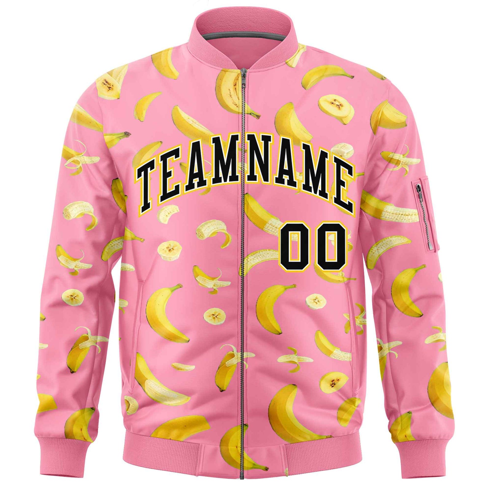 Custom Light Pink Varsity Full-Zip Banana Pattern Letterman Bomber Jacket | Graffiti Pattern | Embroidery&Dye-sublimation printing | KXKSHOP