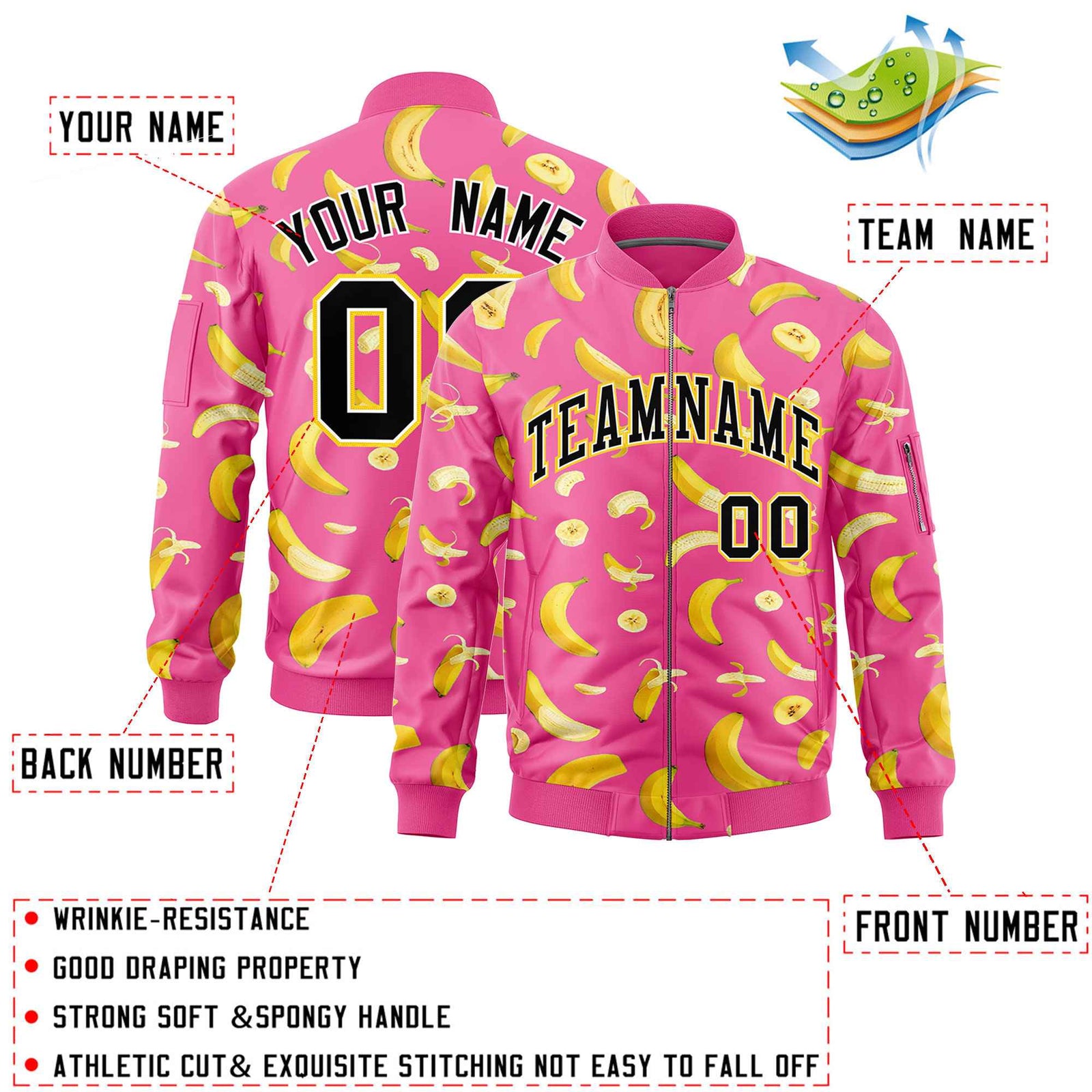 Custom Pink Varsity Full-Zip Banana Pattern Letterman Bomber Jacket | Graffiti Pattern | Embroidery&Dye-sublimation printing | KXKSHOP