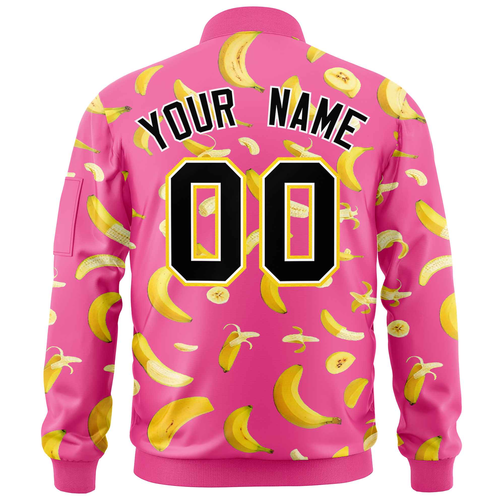 Custom Pink Varsity Full-Zip Banana Pattern Letterman Bomber Jacket | Graffiti Pattern | Embroidery&Dye-sublimation printing | KXKSHOP