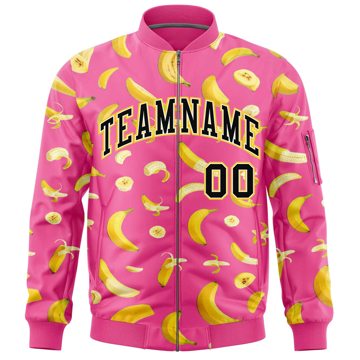 Custom Pink Varsity Full-Zip Banana Pattern Letterman Bomber Jacket | Graffiti Pattern | Embroidery&amp;Dye-sublimation printing | KXKSHOP