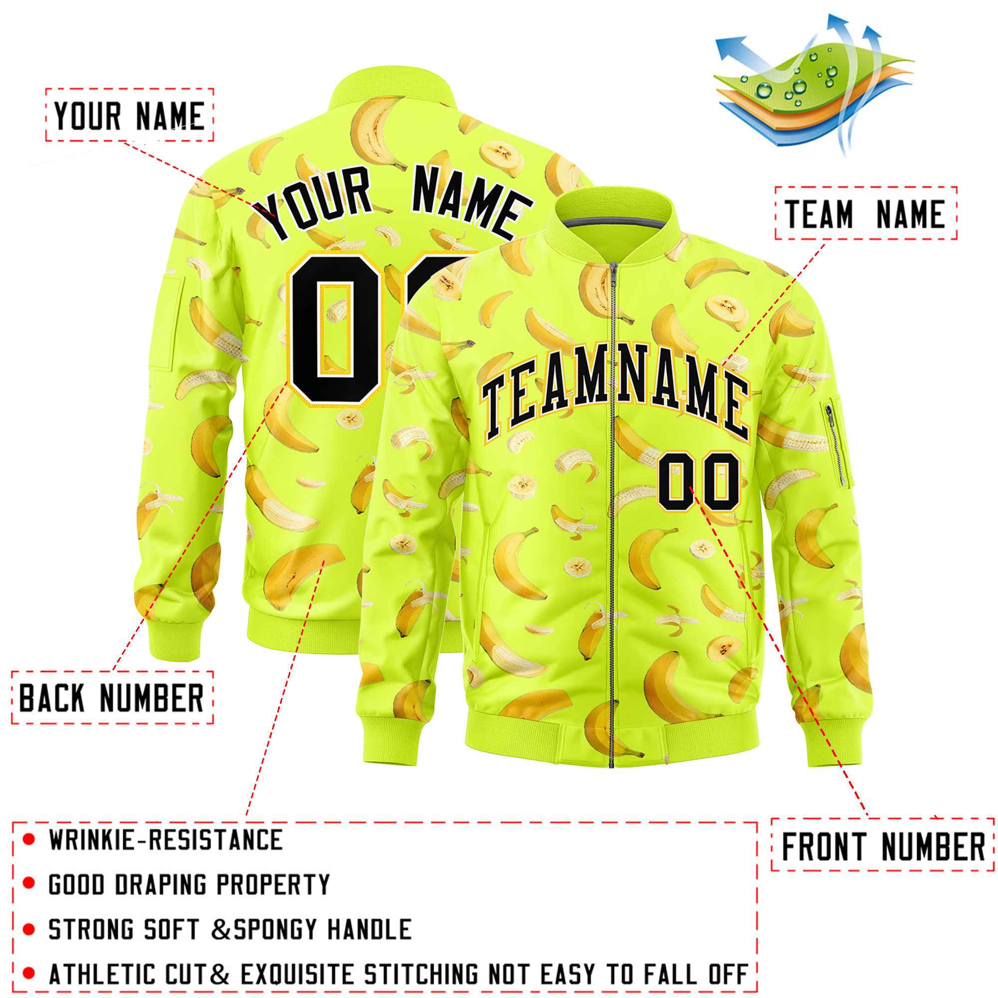 Custom Fluorescent Green Varsity Full-Zip Banana Pattern Letterman Bomber Jacket | Graffiti Pattern | Embroidery&Dye-sublimation printing | KXKSHOP