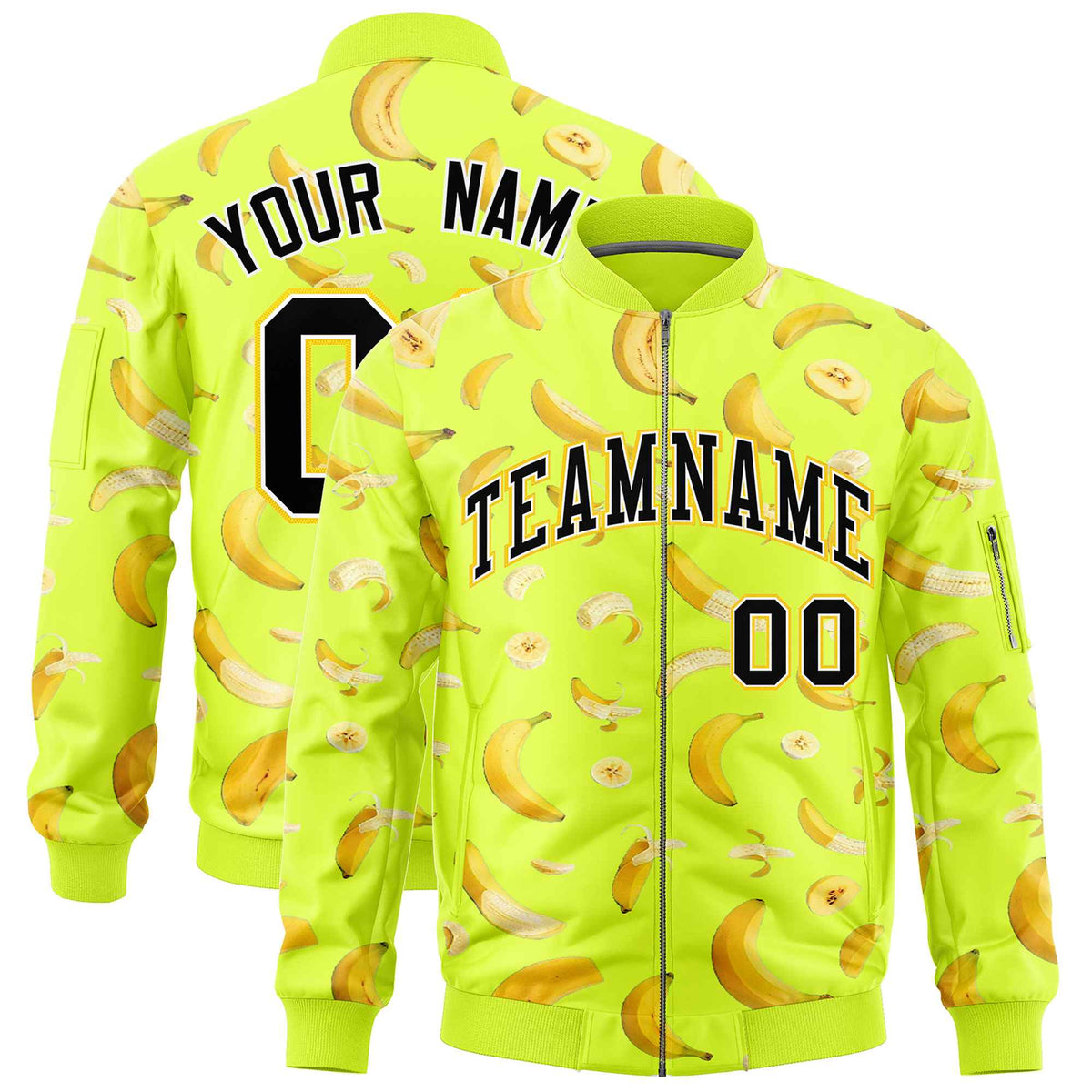 Custom Fluorescent Green Varsity Full-Zip Banana Pattern Letterman Bomber Jacket | Graffiti Pattern | Embroidery&Dye-sublimation printing | KXKSHOP