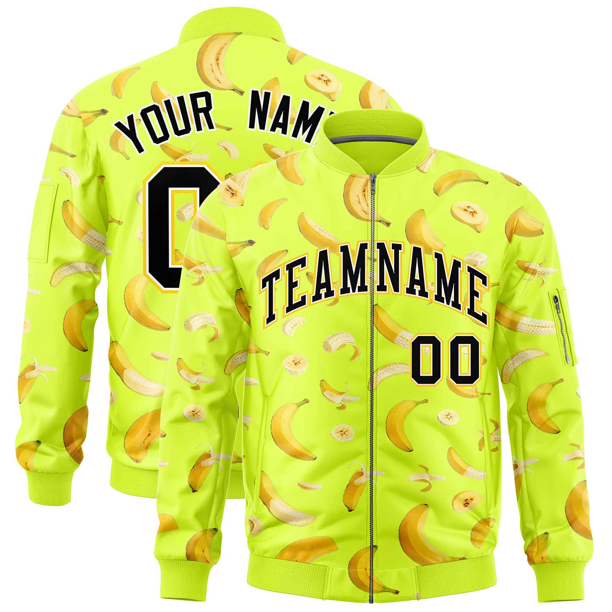 Custom Fluorescent Green Varsity Full-Zip Banana Pattern Letterman Bomber Jacket | Graffiti Pattern | Embroidery&Dye-sublimation printing | KXKSHOP