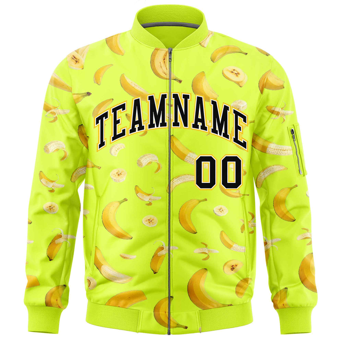 Custom Fluorescent Green Varsity Full-Zip Banana Pattern Letterman Bomber Jacket | Graffiti Pattern | Embroidery&Dye-sublimation printing | KXKSHOP