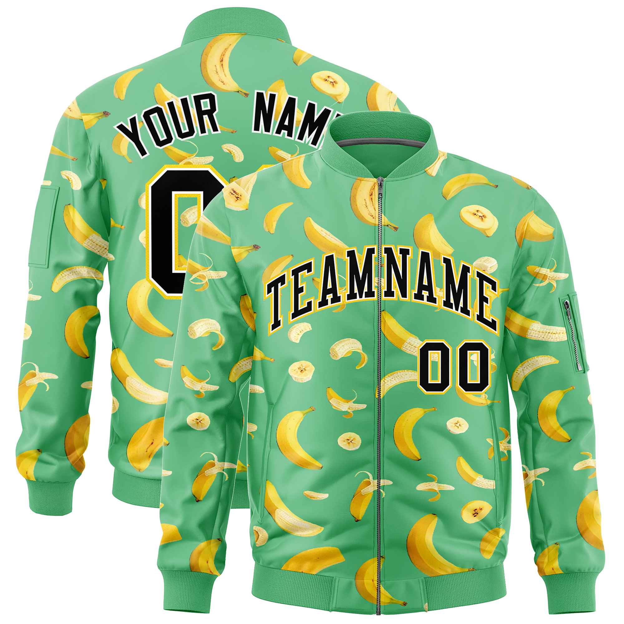 Custom Neon Green Varsity Full-Zip Banana Pattern Letterman Bomber Jacket | Graffiti Pattern | Embroidery&Dye-sublimation printing | KXKSHOP