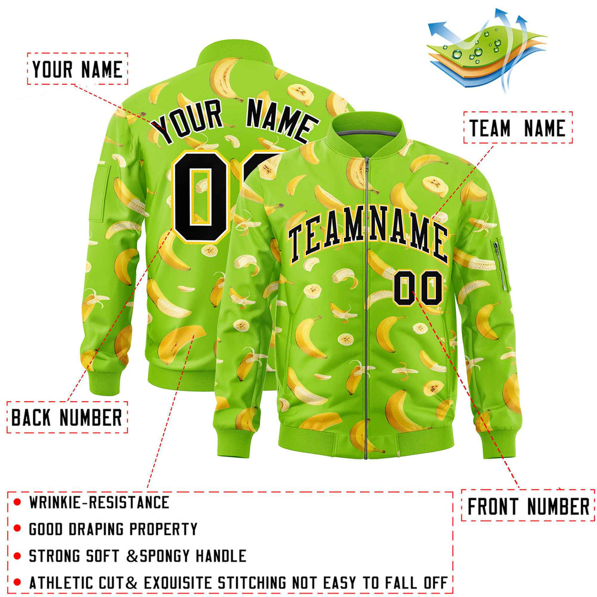 Custom Neon Green Varsity Full-Zip Banana Pattern Letterman Bomber Jacket | Graffiti Pattern | Embroidery&amp;Dye-sublimation printing | KXKSHOP